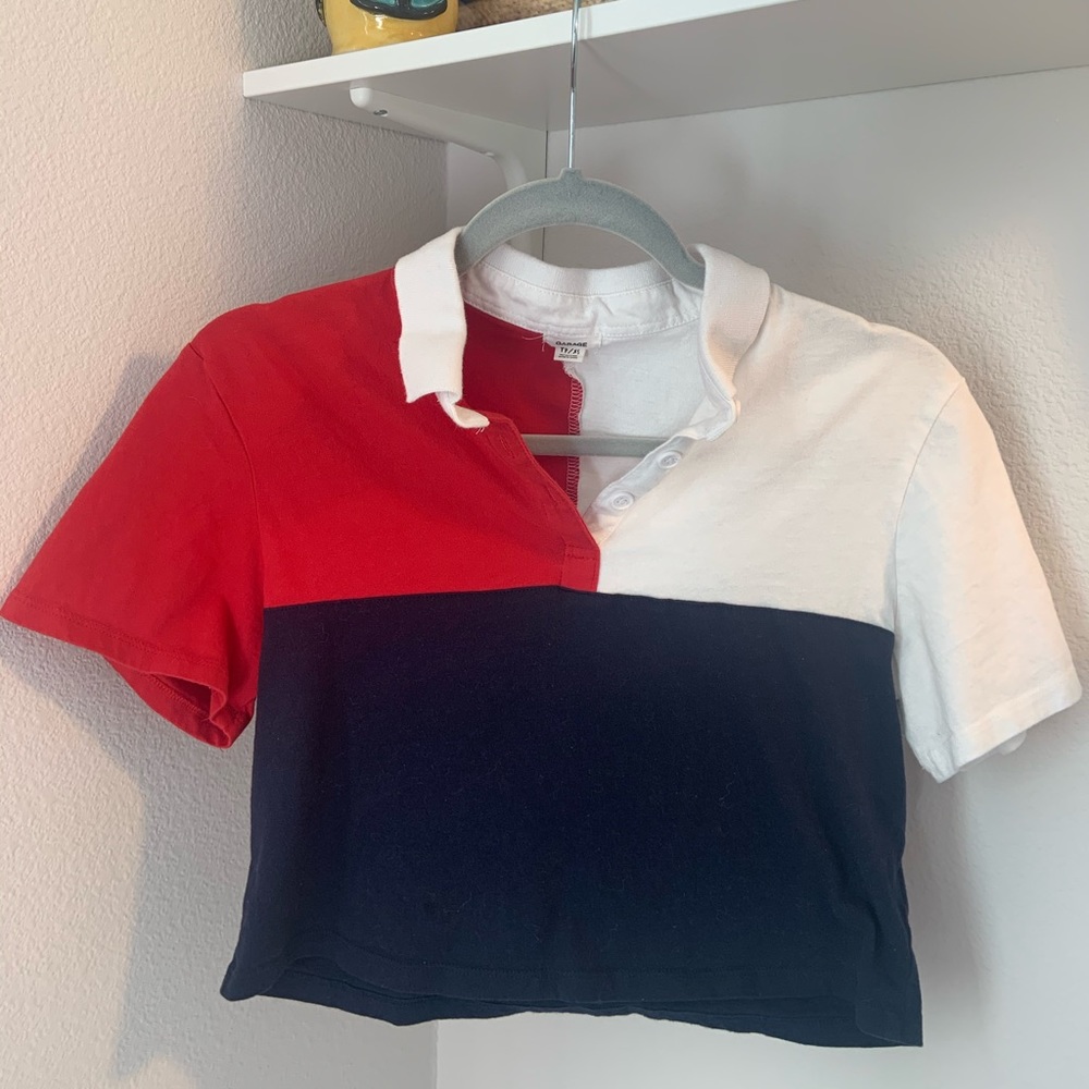 Garage XS Cropped Red, White, and Blue Polo
